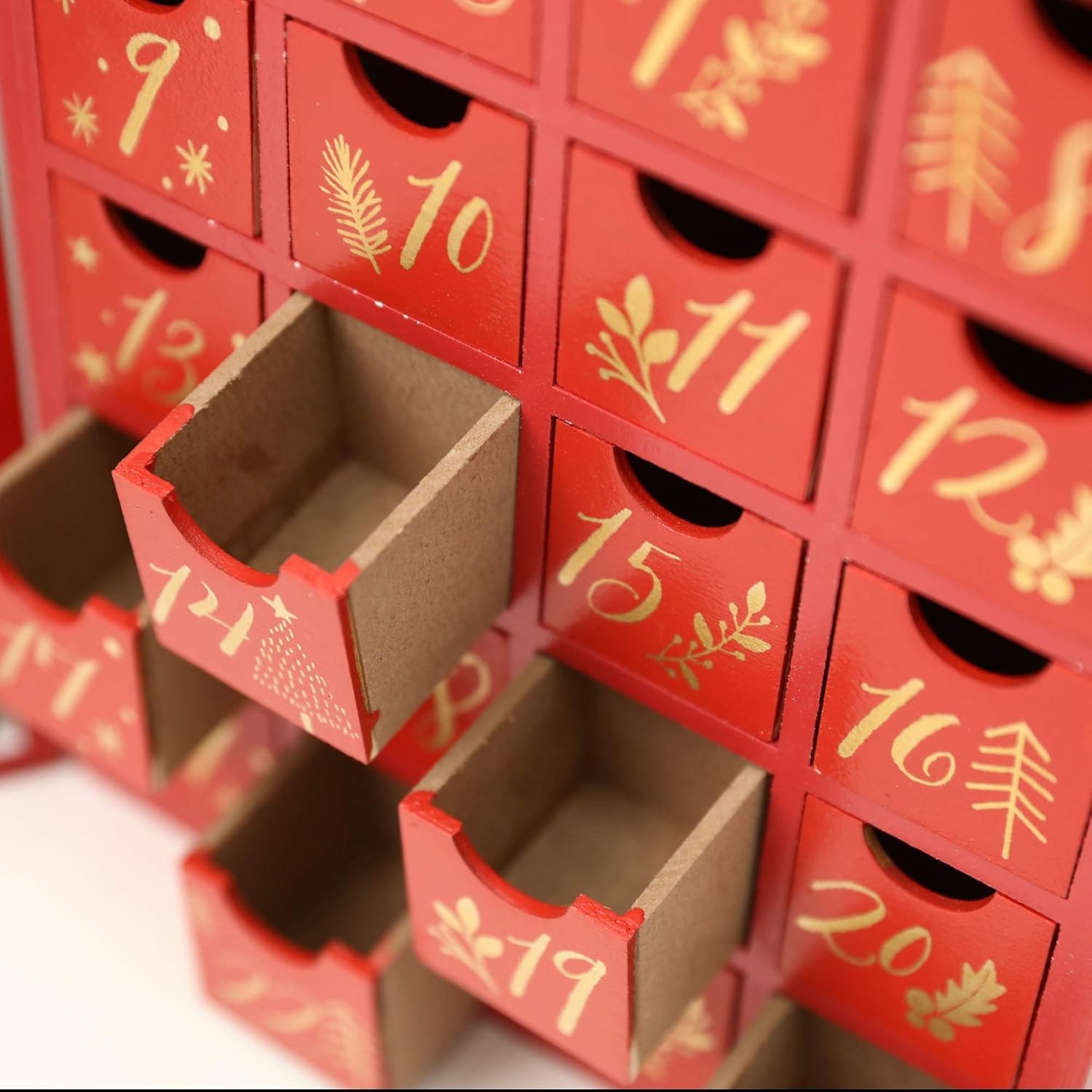 PE Christmas Wooden Advent Calendar Book with Drawers and LED, Reusable Countdown to Christmas Advent Calendar with Village Forest Snowman Scene Perfect Gift (Red) image number 5