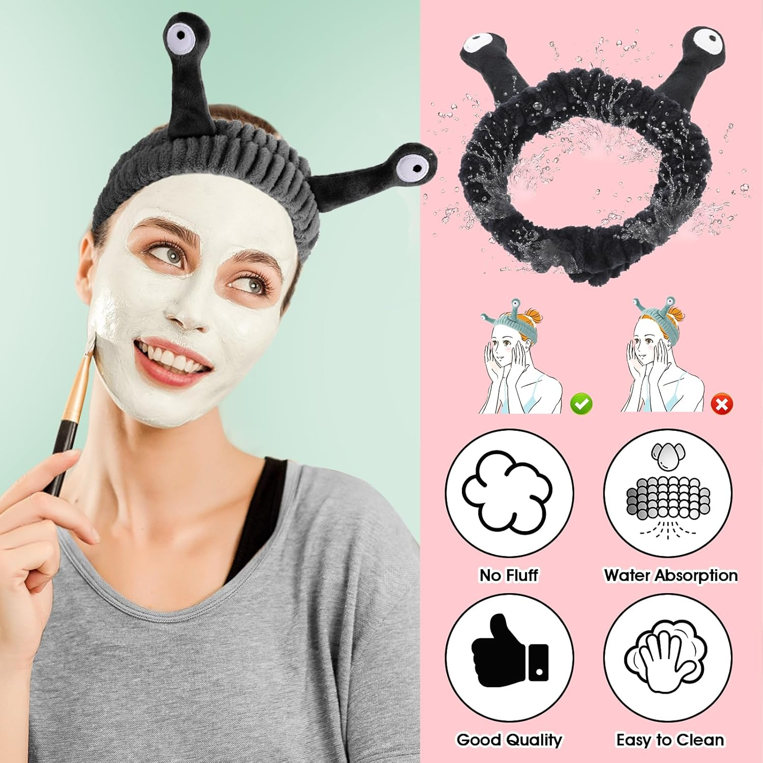 WLLHYF Spa Headband Facial Makeup Head Band Microfiber Soft Coral Fleece Head Wraps Snail Cartoon Cute Hair Accessories Elastic Skincare Hair Band for Women Girls Washing Face Beauty (Black) - Green image number 5