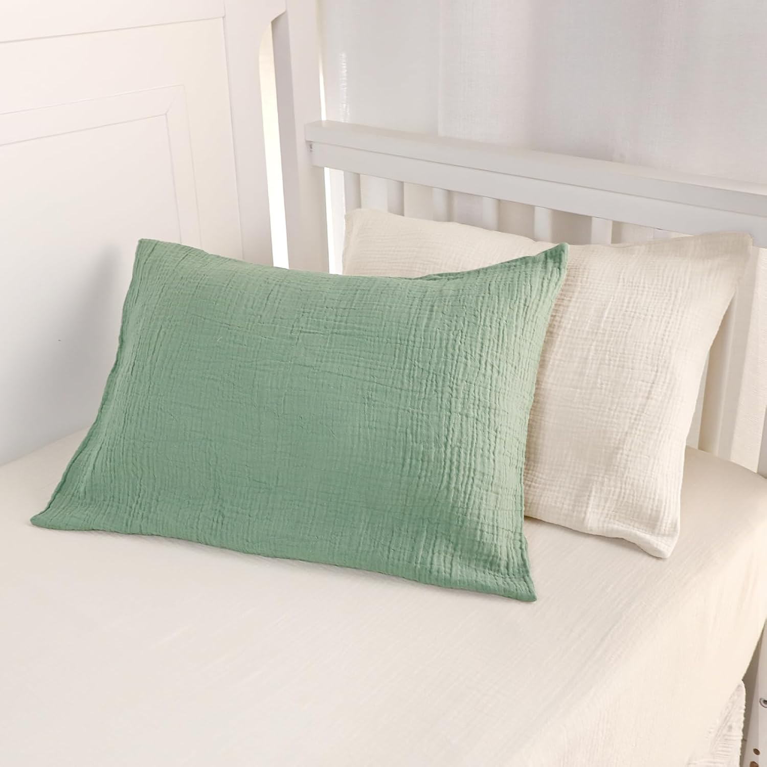 Muslin Toddler Pillowcase for 13 X 18 Pillow, 2 Pack Small Travel Pillow Cases Covers with Envelope Closure, Soft & Breathable Kids Pillowcase for Girls Boys, Apricot & Green - Grey + Green image number 2