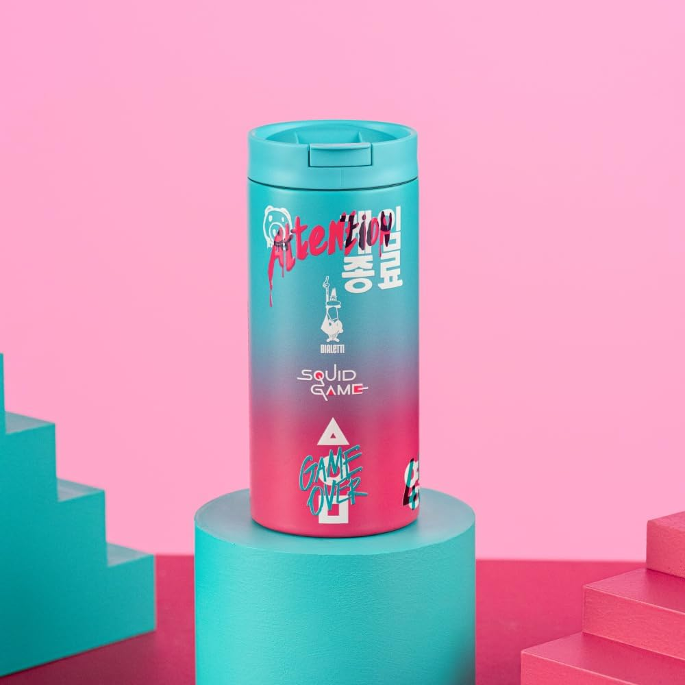 Bialetti Travel Mug &ndash; Squid Game Edition | Double-Walled Stainless Steel Mug | Thermal Travel Mug | Gradient Pink and Teal Design | Keeps Drinks Hot or Cold | 360 Ml Capacity image number 4