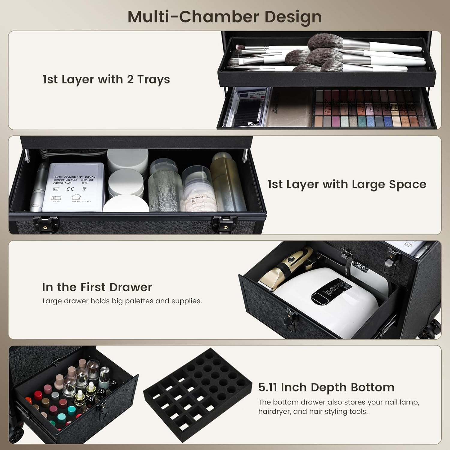 Yueieoun Rolling Makeup Case with Wheels, Black