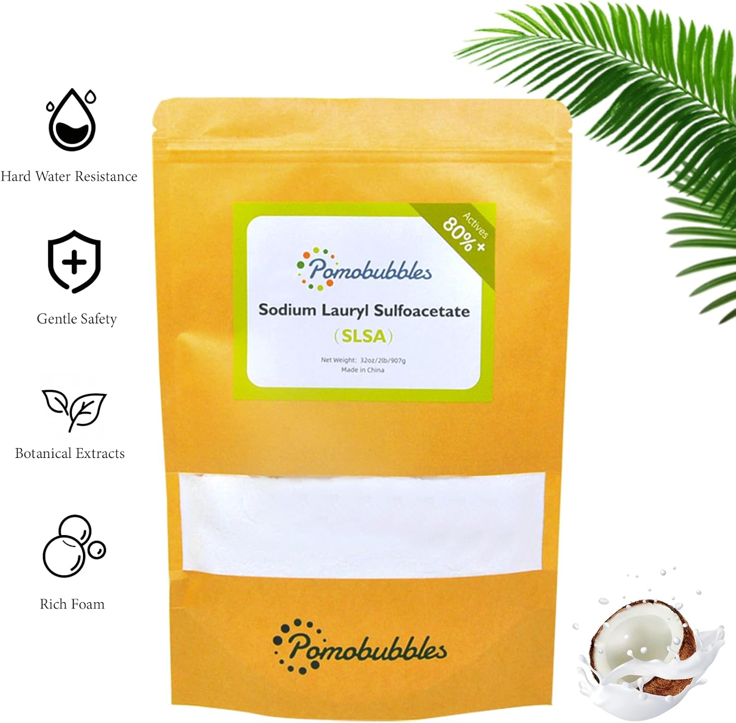 2 Pound SLSA Sodium Lauryl Sulfoacetate Powder Long Lasting Foam & Bubbles, Gentle on Skin, Bath Bomb Additive, Surfactant & Latherer, Suitable for Making Bath Bombs