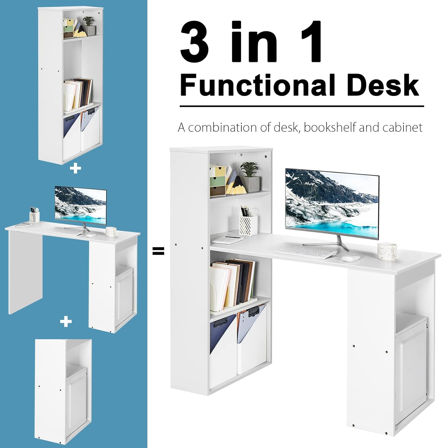 Giantex Reversible Computer Desk with Bookshelf, Writing Study Workstation W/Storage Shelves & CPU Stand, Modern Computer Table W/Large Desktop for Home & Office, Space-Saving Design (White) - Type 6 White image number 5