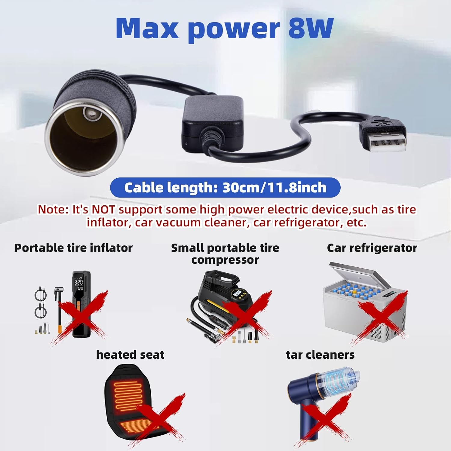 2 Pcs USB a Male to 12V Car Cigarette Lighter Socket Female Converter Cable, USB to Cigarette Lighter Adapter (8W Max) image number 5