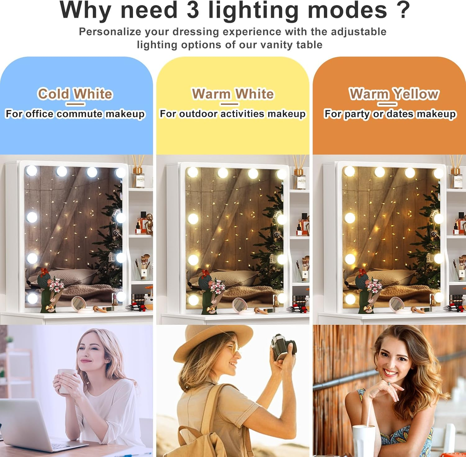 Makeup Vanity Desk with Lights, White Dressing Table with Sliding Lighted Mirror, Small Vanities Makeup Table with Storage 4 Drawers 7 Shelves, Teen Girls Vanity for Bedroom, Golden Knobs image number 2