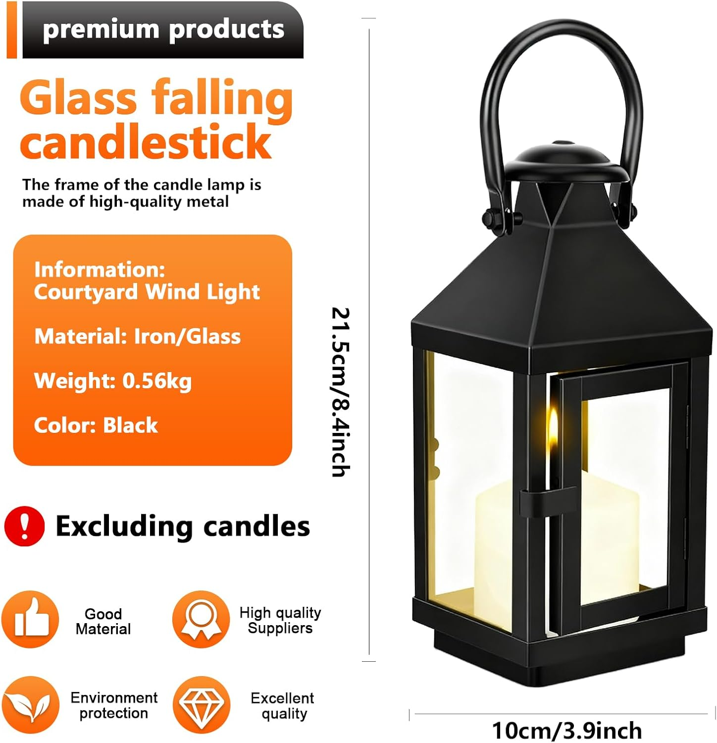 Lantern Black Metal 22 Cm, Weatherproof Candle Lantern for Outdoors, Garden and Cemetery, Outdoor Lantern, Garden Lantern, Metal Candle Holder, Lantern, Retro Decoration for Balcony, Christmas, Table image number 5