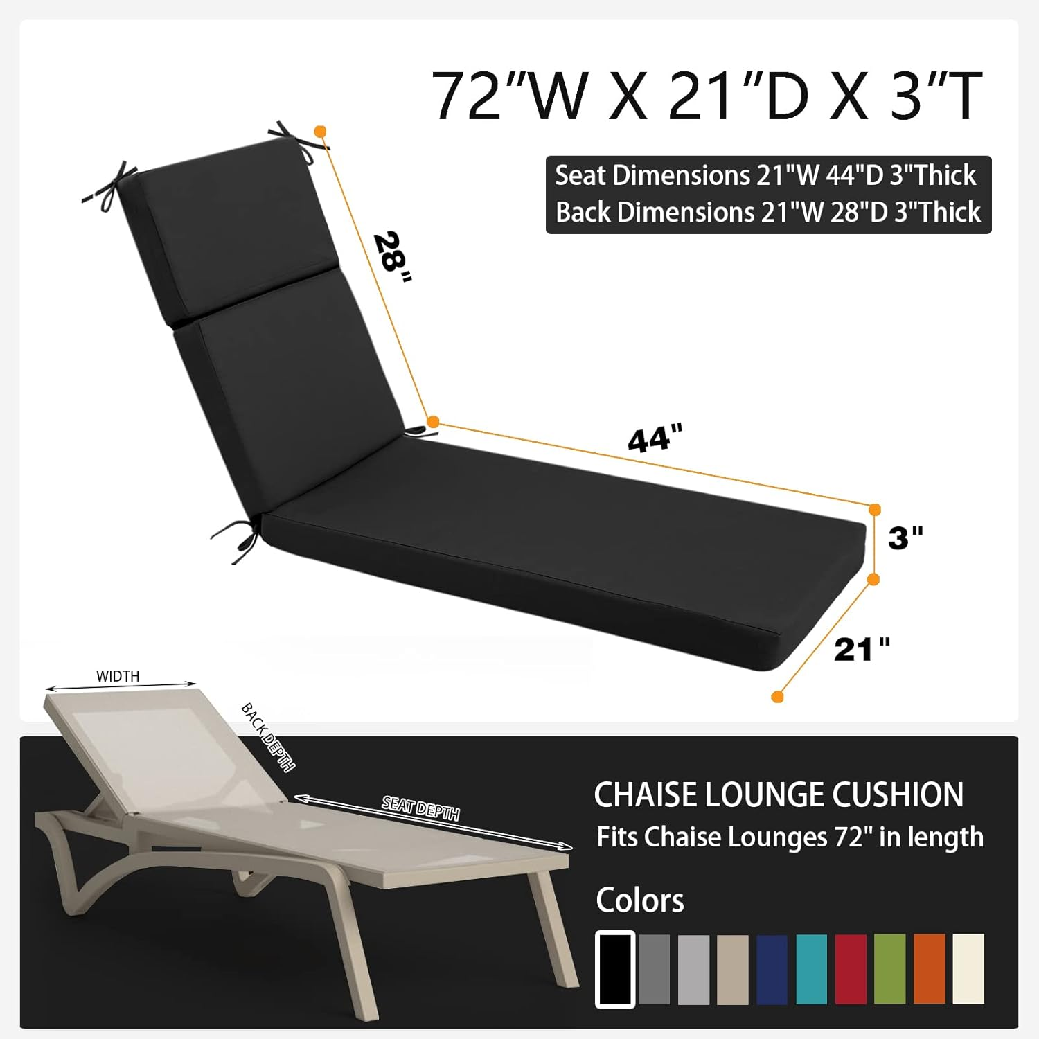 Idee-Home Chaise Lounge Cushions Outdoor, Lounge Chair Cushion 72In.L X 21In.W X 3In.D Patio Furniture Waterproof for Lawn Pool image number 3