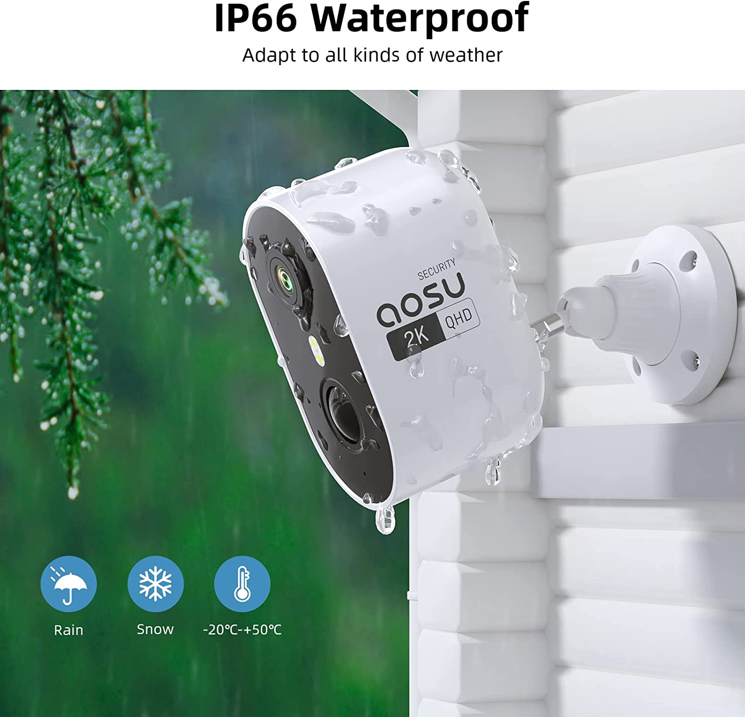 AOSU 2K Security Cameras Wireless Outdoor, Battery Powered for Home Security Cameras with PIR Human Motion Detection, Full-Color Night Vision, Spotlight & Siren, 2-Way Audio, 2.4Ghz Wifi, Waterproof image number 2