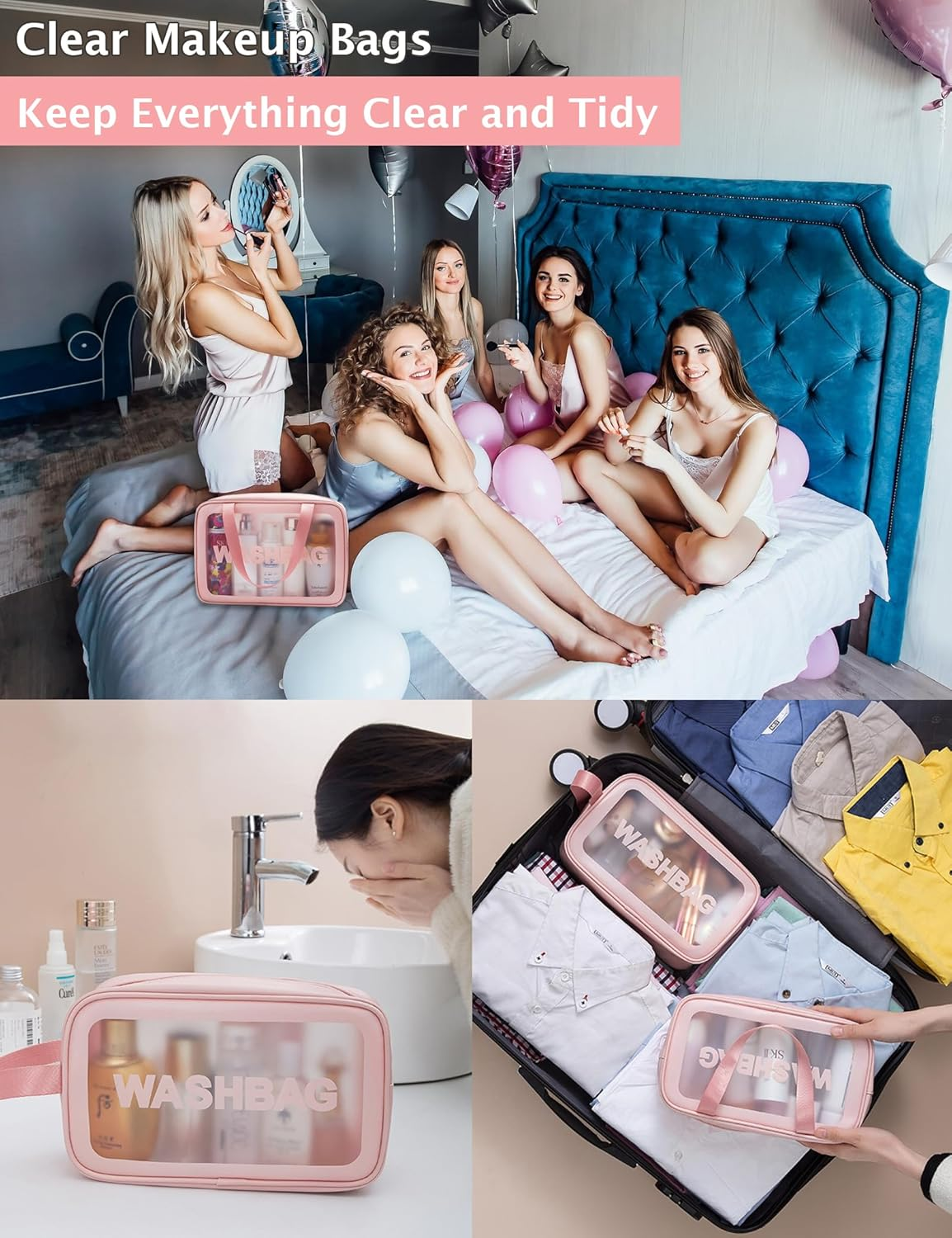 Travel Clear Makeup Bag, Portable Waterproof Cosmetic Organizer Case with Handle for Women, Essential Carry-On Travel Accessories for Toiletries and Brushes (3 Pcs-White) image number 6