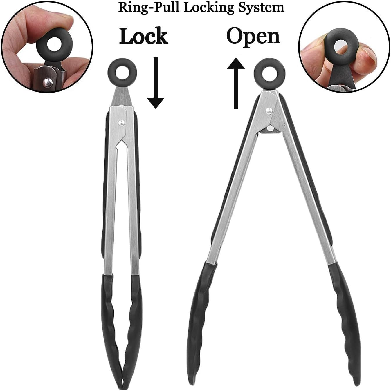 3Pcs (7", 9" & 12") Set Silicone Heat Resistant Kitchen Tongs,Premium Locking Cooking Tongs with Silicone Tips, Non-Slip Food Tongs for Cooking, Non-Stick, Stainless Steel Handle, image number 4