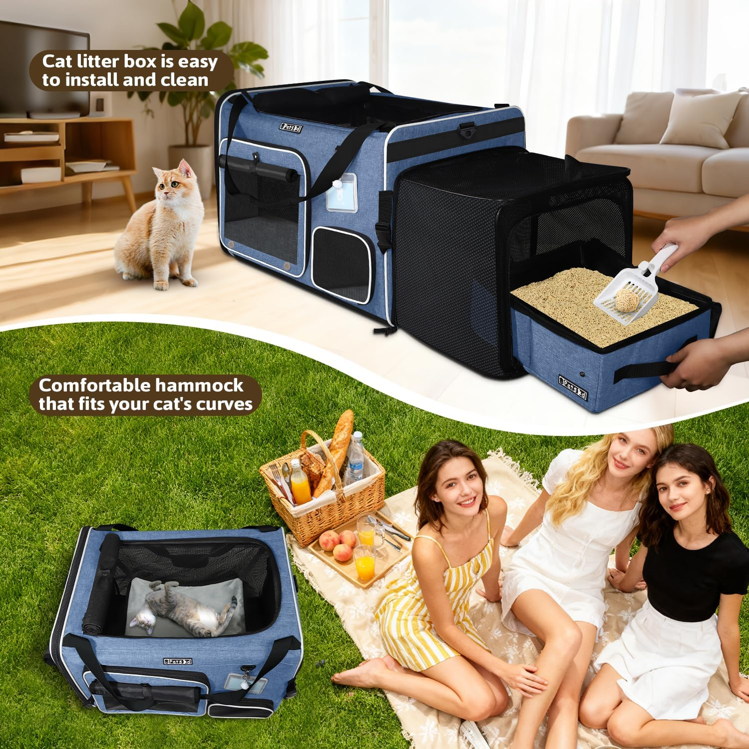 Petskd Side Expandable Extra Large Cat Car Carrier with Collapsible Litter Box for Long Distance Travel,24"X17"X17" Portable Soft Sided Pet Carrier with Roller Shades for 2 Cats up to 55Lbs(Blue) image number 2