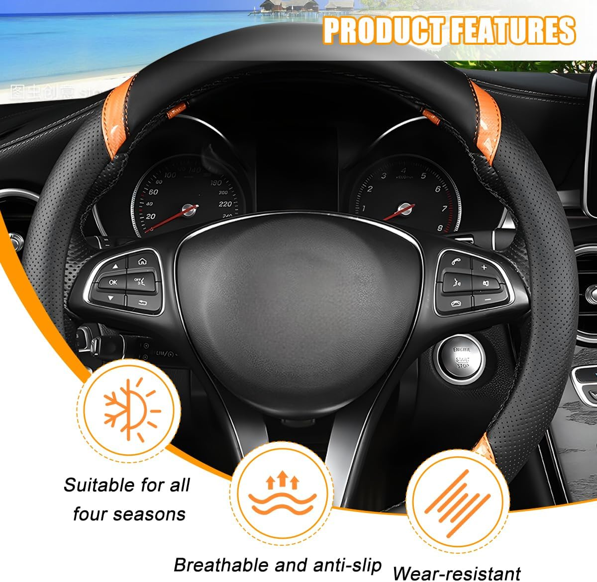 Sandfren Carbon Fiber Car Steering Wheel Cover, 15 Inch Breathable PU Leather Vehicle Steering Wheel Protector with Anti-Slip Lining, Soft Automotive Interior Accessory, Universal Fit (Black/Orange)