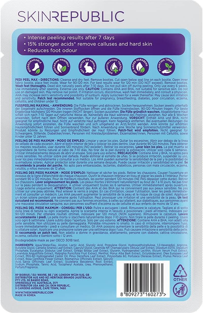 Skin Republic Pedi Foot Peel Max | 15% Stronger Acids for Removing Severely Dry Skin & Cracked Heels | Effectively Eliminates Foot Odour (Pack of 1) image number 1