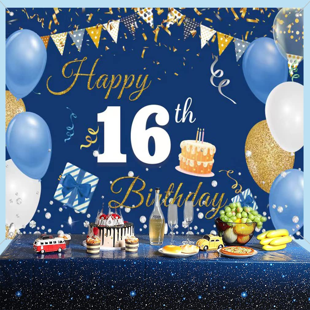 Tecreo 16Th Birthday Decorations Happy 16Th Birthday Backdrop Banner for Boys/Girls Happy 16 Years Old Fabric Sign Poster, Blue, 59"X35.4" image number 1