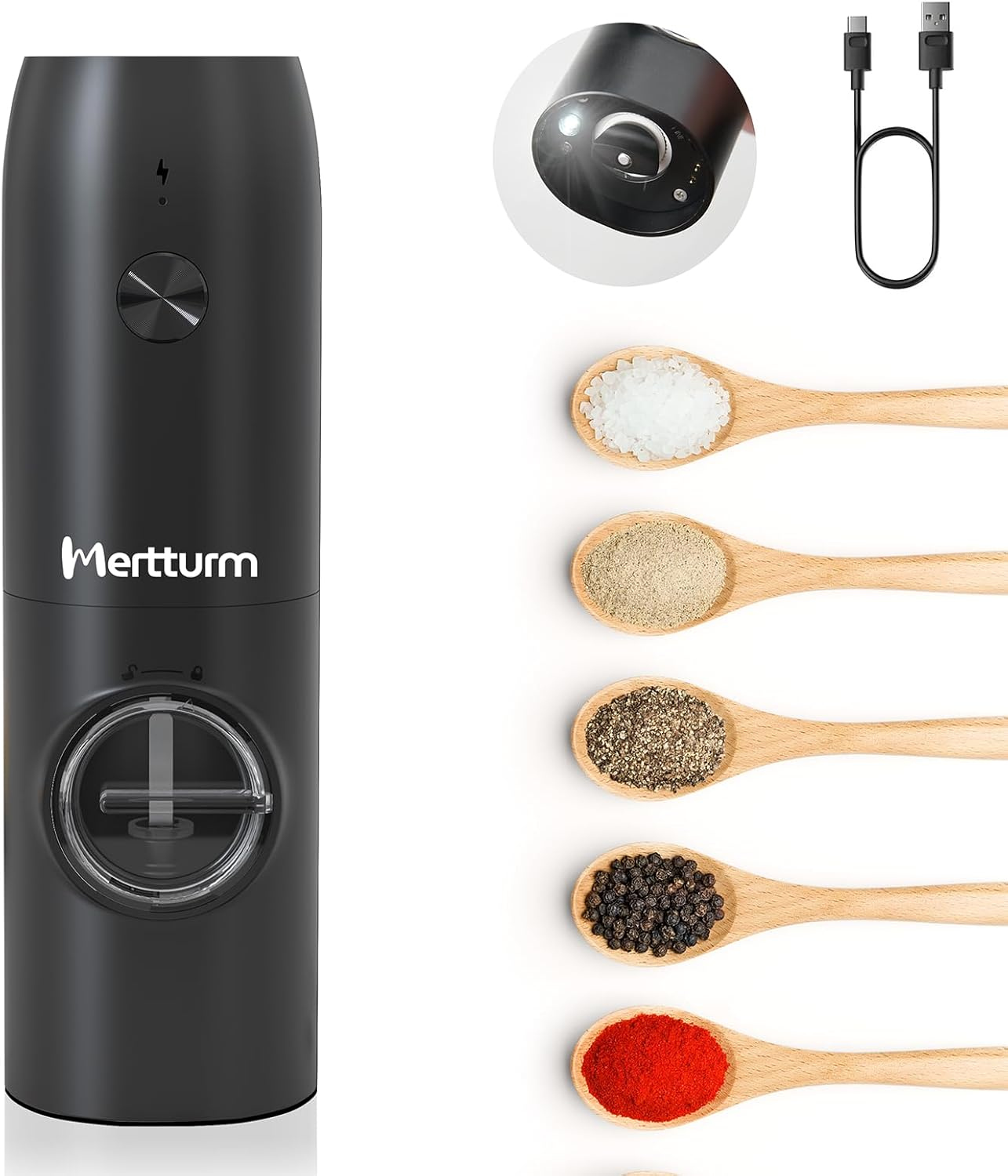 MERTTURM Rechargeable Electric Pepper Grinder, Automatic Pepper Salt Mill with LED White Light, One Hand Operation, Coarseness Adjustable, Refillable and Portable for Kitchen, Restaurant, Camping BBQ image number 4