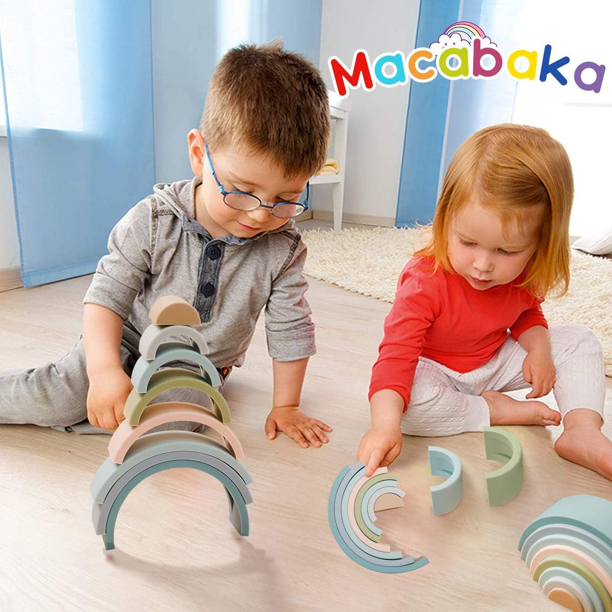 Silicone Rainbow Stacking Toy Color Sorting Toys 8 Pcs Stacking Game Rainbow Stacker Shape Matching Learning Montessori Toy Early Development Gift image number 3