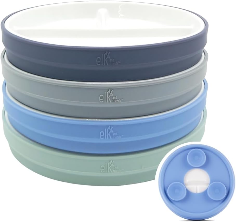 Elk and Friends Kids 6.7&rdquo; Porcelain White Divided Plates with Silicone Suction Sleeves | Suitable for Babies/Toddlers | Microwave & Dishwasher Safe | Stay Put Dinnerware | Snack Dishes | 4 Pack image number 3