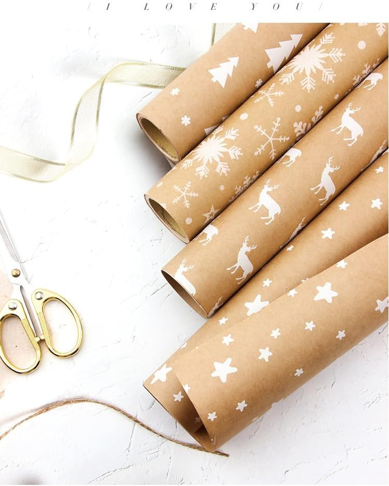 Christmas Wrapping Paper Set - 5 Mini Rolls, Recyclable Gift DIY Wrapping Paper with Flax Strings and Tape - for Birthdays, Christmas, and All Occasions Gift Wrapping Paper Roll,17"X40" image number 6