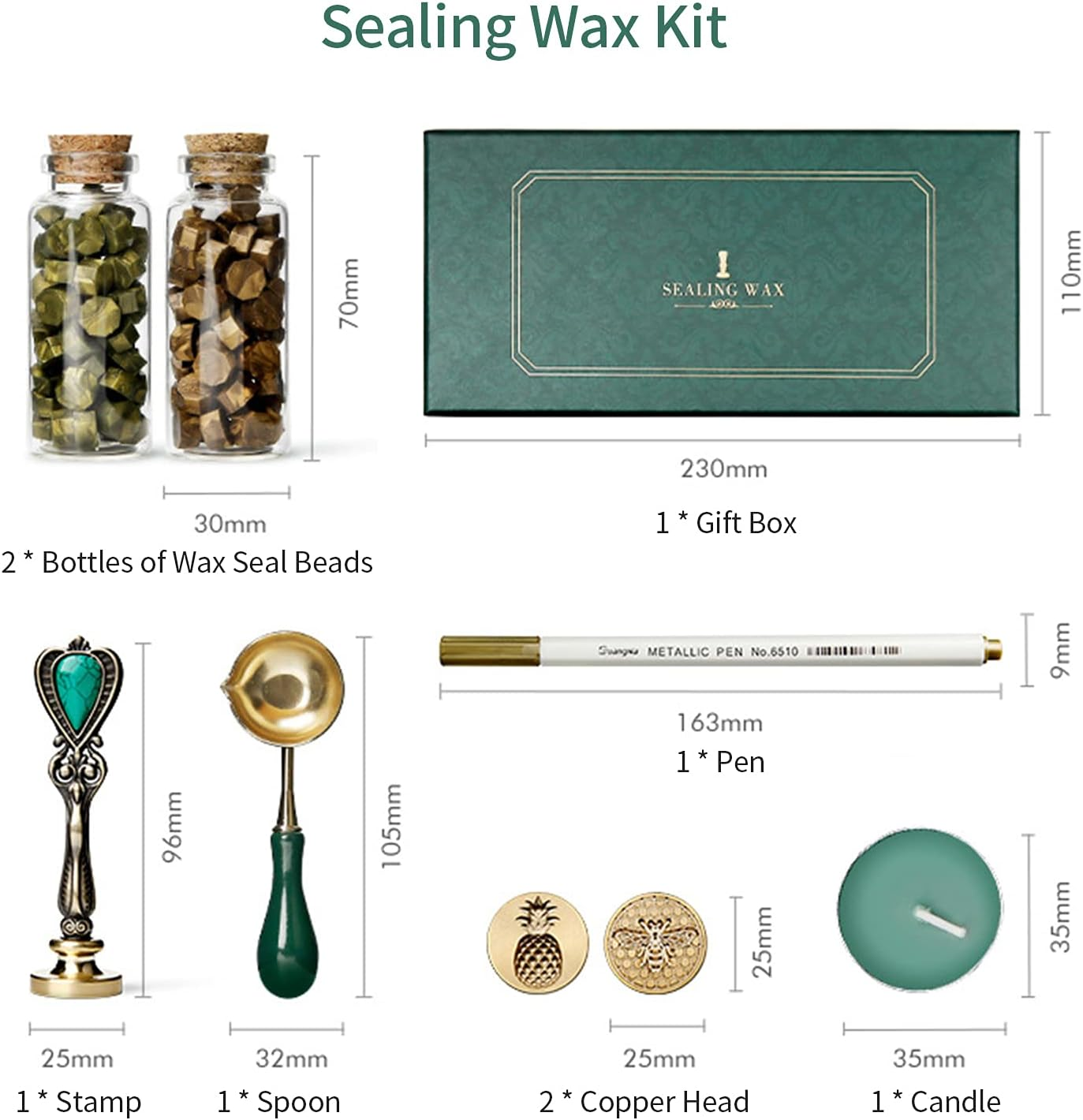 Eacam Wax Seal Stamp Kit Retro Wax Sealing Wax Beads Wax Melting Spoon Wax Seal Stamp Candle Copper Head Metallic Pen for Envelopes Letter Cards Wedding Invitations Gift Decoration Arts Crafts image number 3