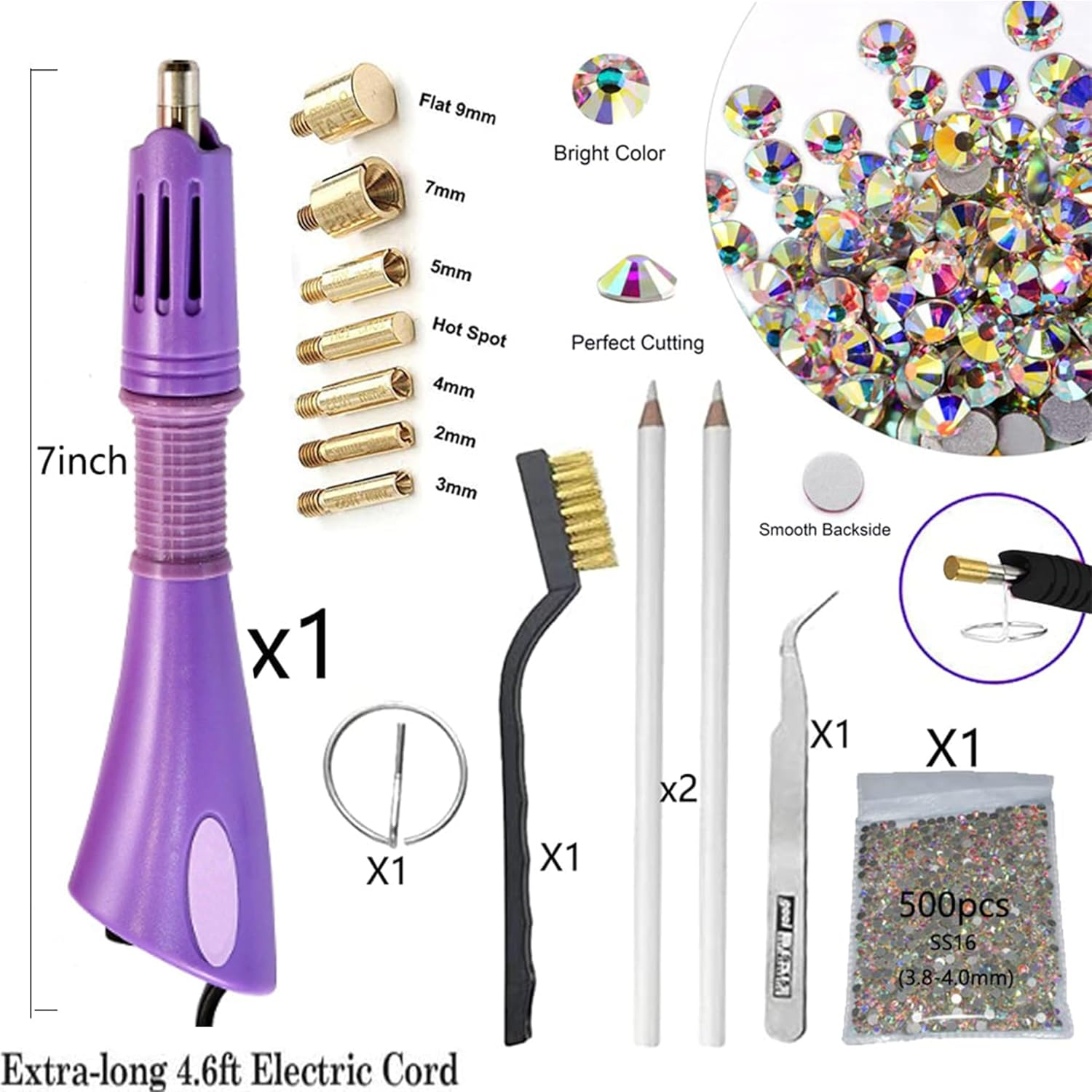 Rileryeol Hotfix Rhinestone Applicator Tool, 7-In-1 Hot Fixed Applicator Rhinestones Kit Include AB Crystal Rhinestones, 7 Tips, 2 Pencils, Tweezers and Support Stand