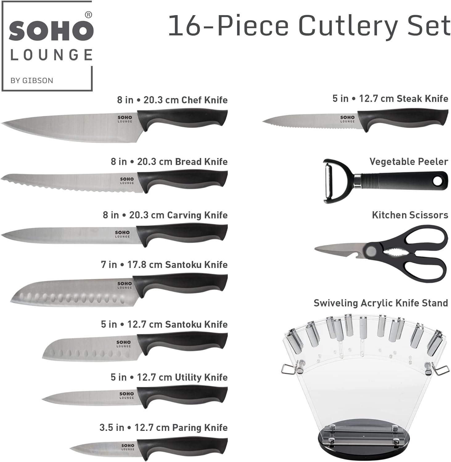Gibson Soho Lounge 16 Piece Stainless Steel Kitchen Knife Set W/Acrylic Stand