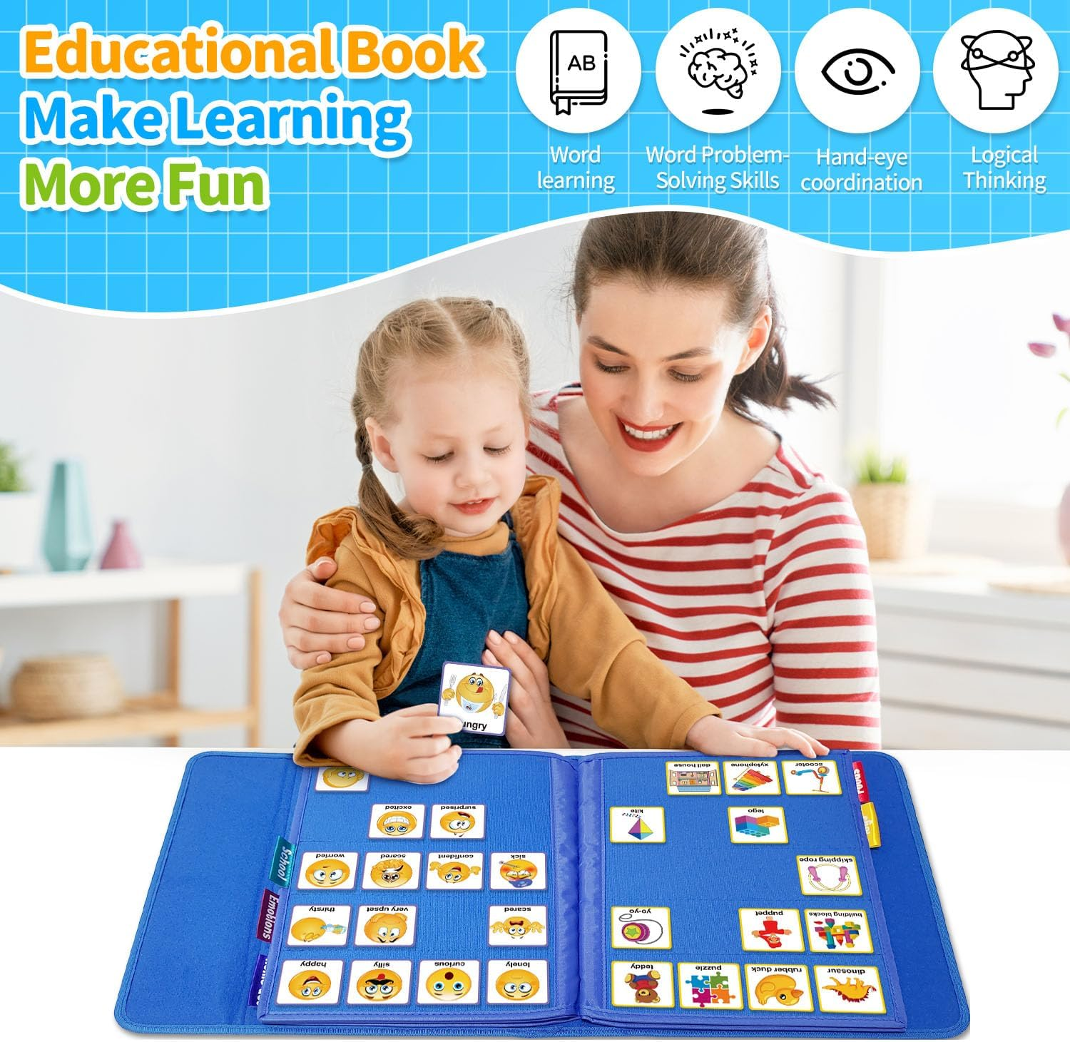 BOHEMIABY Pecs Communication Book, Visual Schedule for Kids with Autism, Nonverbal Communication Board, Pecs Book 196 Cards, Toddler Autism Materials for Home School, Vocabulary Cards, Printed (Blue) image number 3