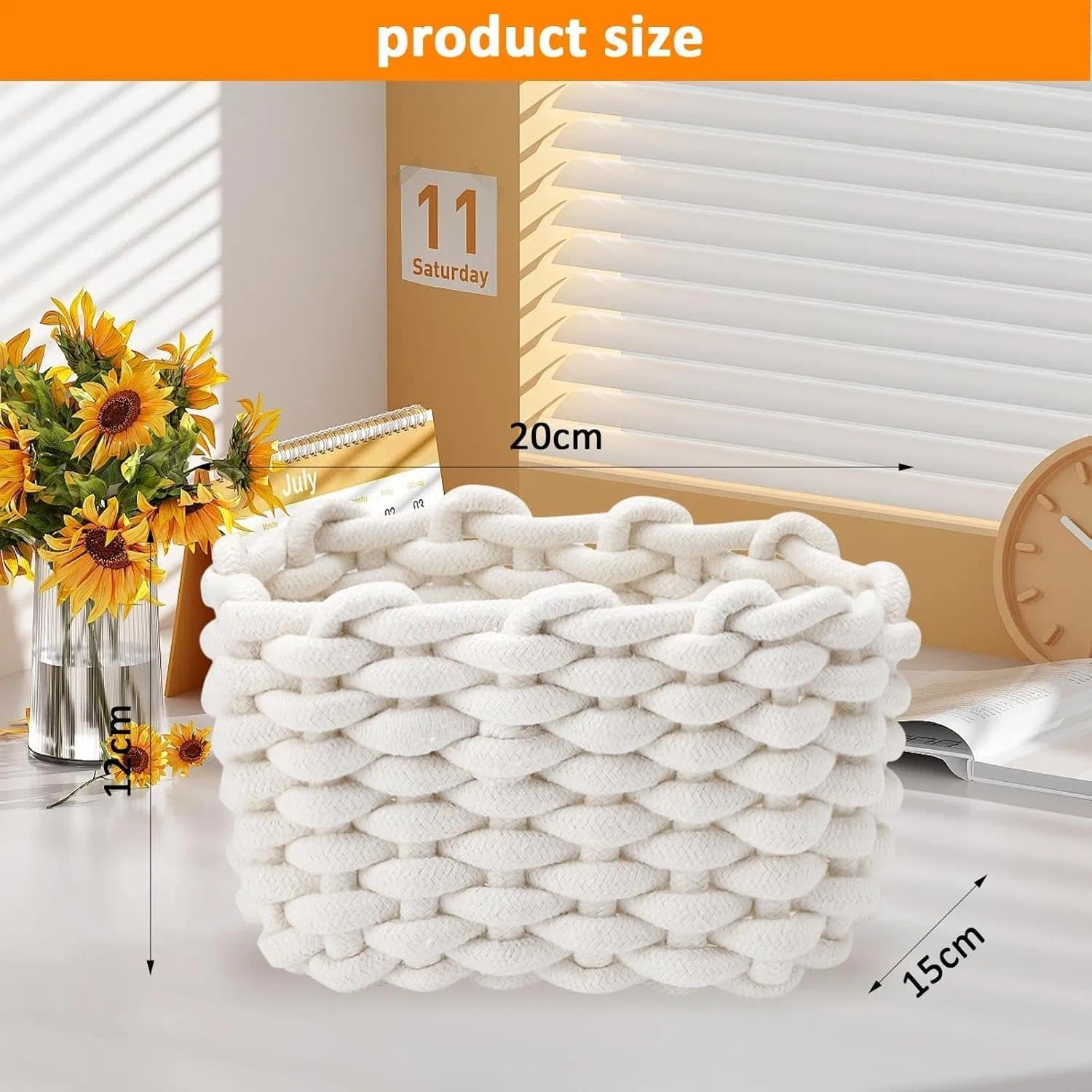 Set of 2 Braided Cotton Knitting Baskets, Small Square White Storage Baskets for Bathroom, Make-Up, Toys, Socks image number 6
