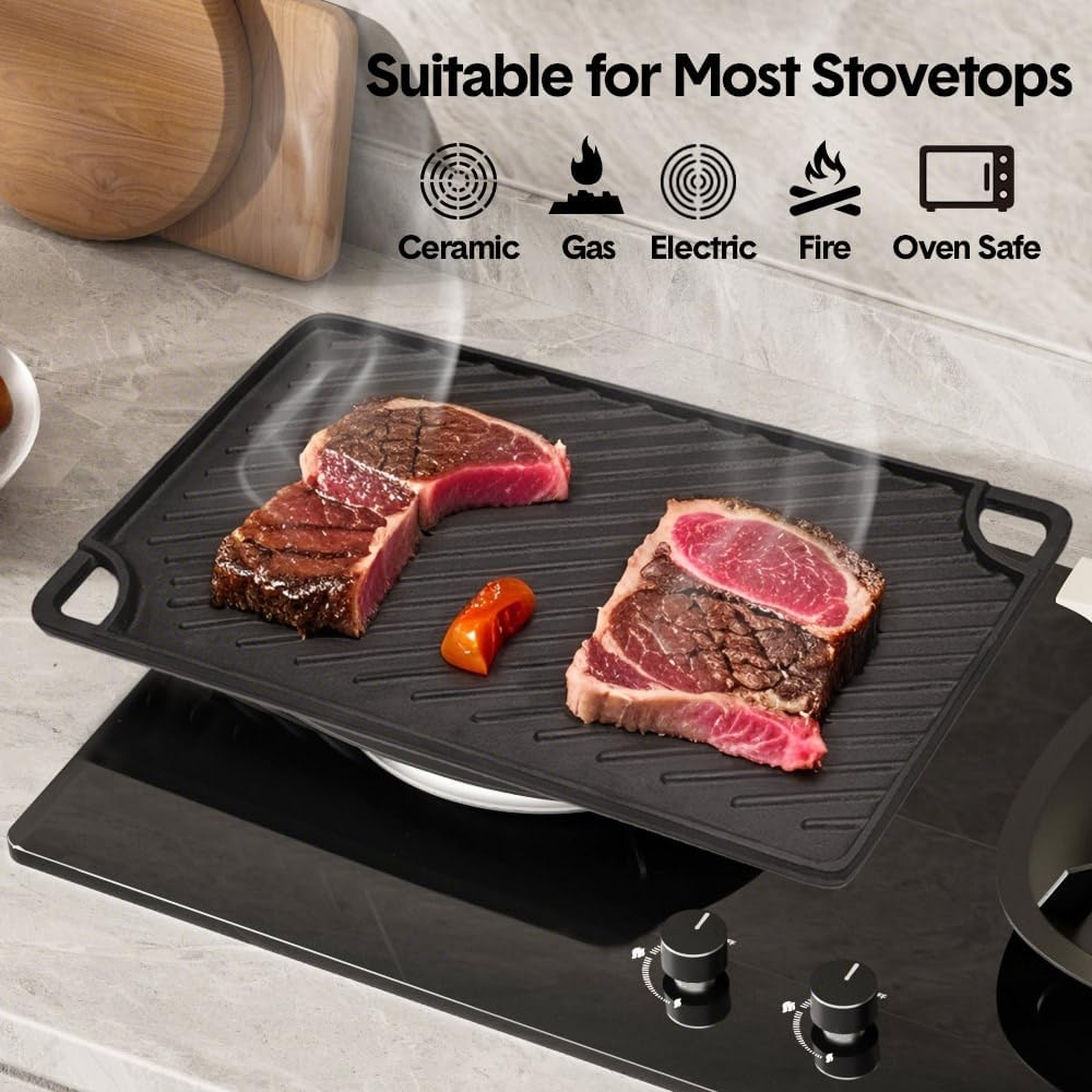 ALSTON Reversible Cast Iron Griddle Rectangular BBQ Plate Double-Sided Flat Top Griddle Pan and Grooved Grill for Gas Stovetop Oven and Open Fire, Black 43&times;24Cm image number 4