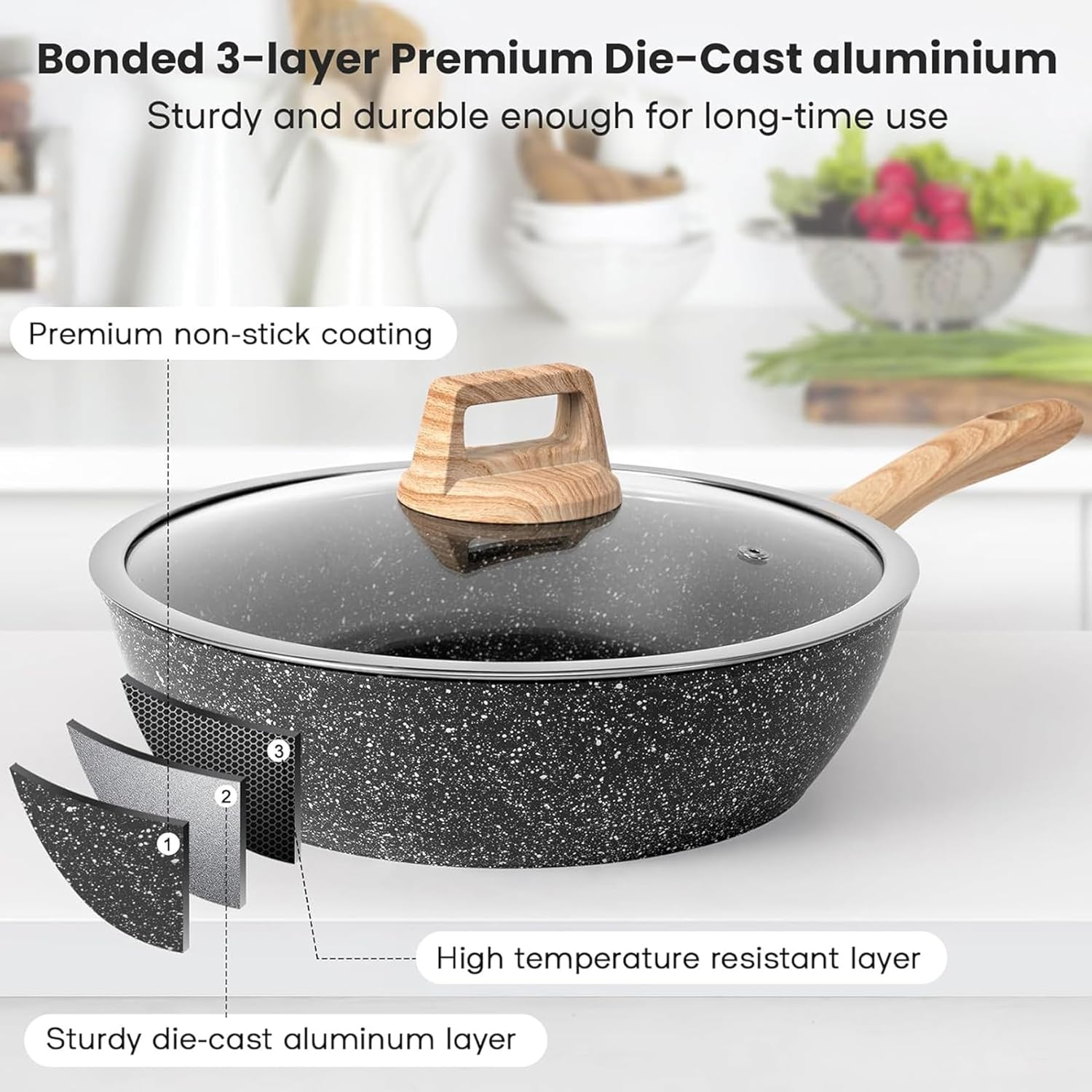 Black Pots and Pans Set, Induction Non Toxic Healthy Kitchen Cooking Set with Frying Pans, Granite Nonstick Cookware Sets, Saucepans, Steamer, PFAS PTFE PFOA PFOS Free, 12Packs image number 1