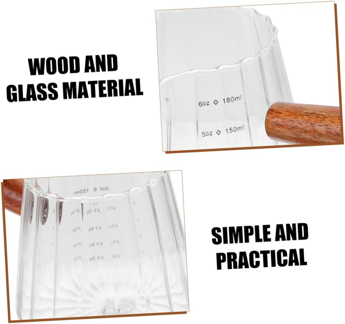 TOYZFRIENDY Glass Milk Pitcher and Frothing Cup with Wooden Handle, Heat-Resistant Multi-Function Measuring Syrup and Coffee Glass Set (2Pcs) for Home and Espresso Brewing