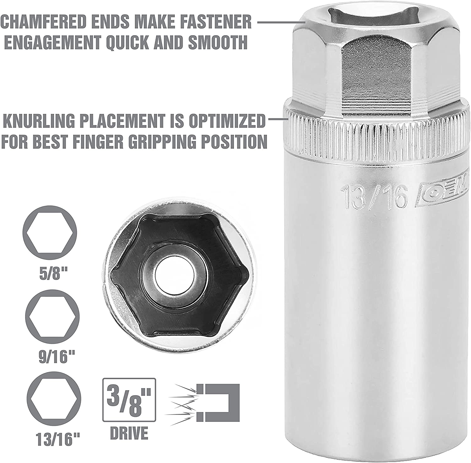 OEMTOOLS 22891 3/8 Drive Magnetic Spark Plug Socket Set, Contains 5/8" (16 Mm), 9/16", and 13/16" 6 Point Deep Sockets, Fits Most Car Spark Plugs image number 1