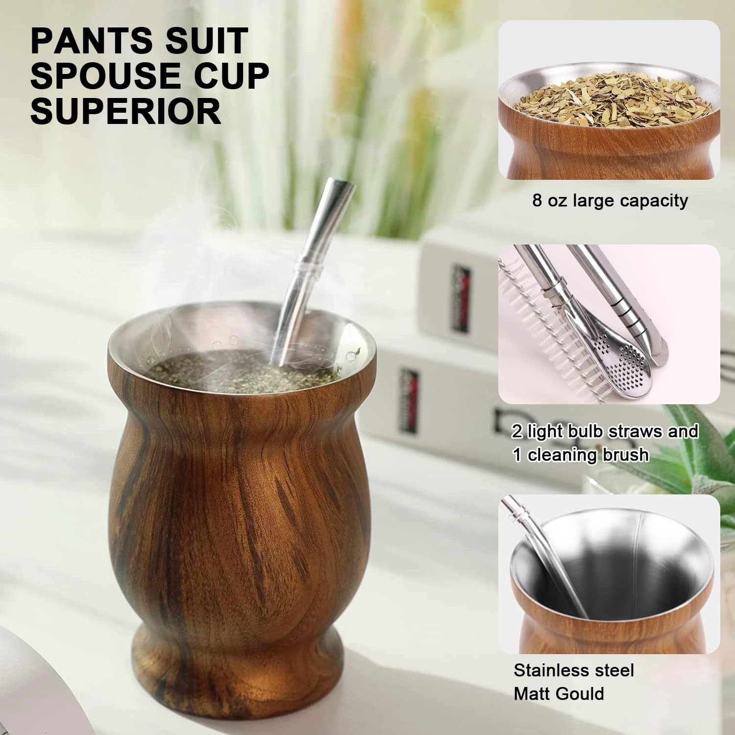 Yerba Mate Gourd Set, 8 Oz Stainless Steel Double Wall Yerba Mate Gourd Cup, Yerba Mate Tea Set for Mate Tea, Coffe, Drinks (Wood Color) image number 3