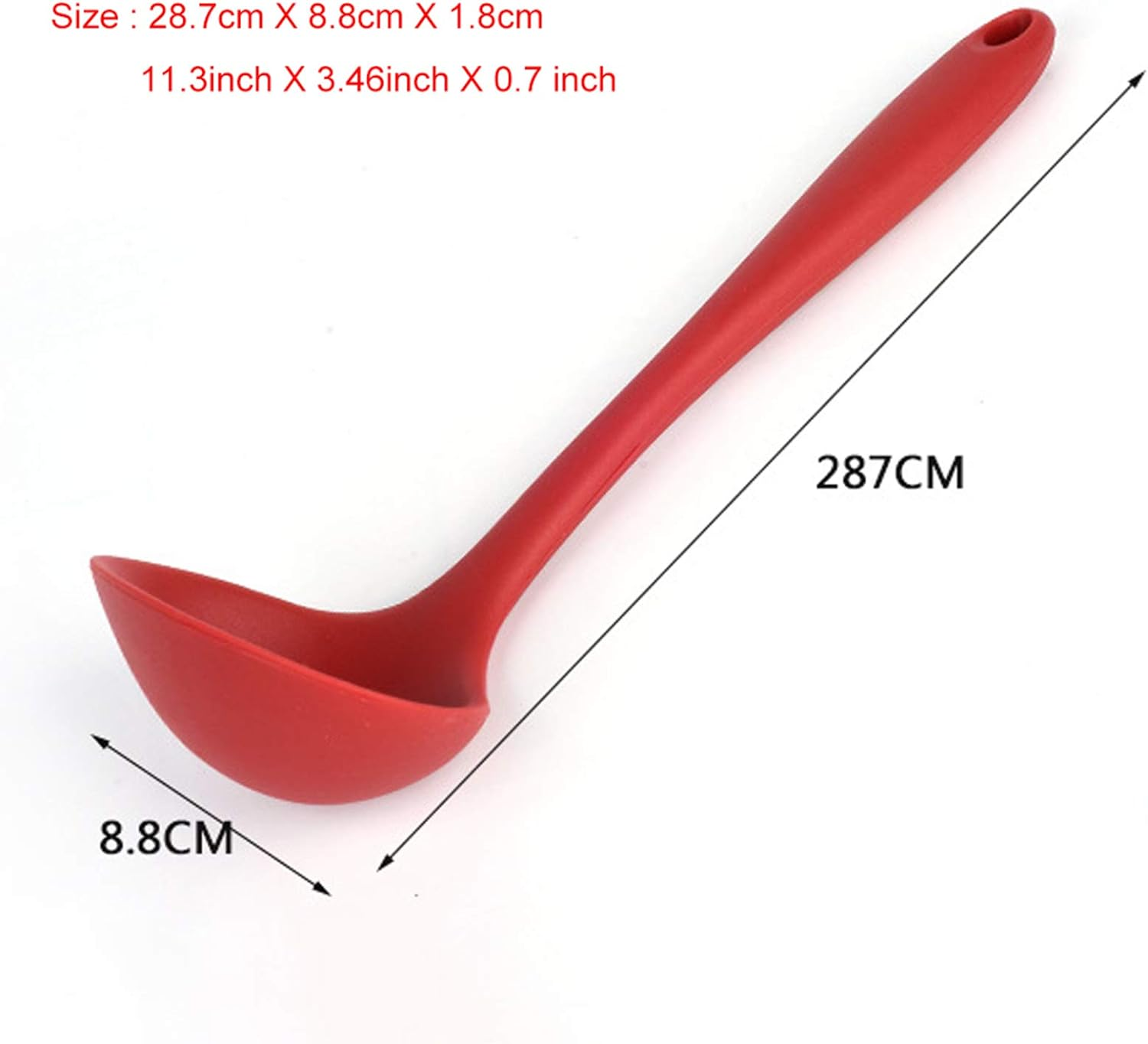 Silicone Ladle Soup Spoon Set of 2, Nonstick Heat Resistant Long Handle Unbreakable Big round Scoop for Home Kitchen Cooking,Red and Black image number 4