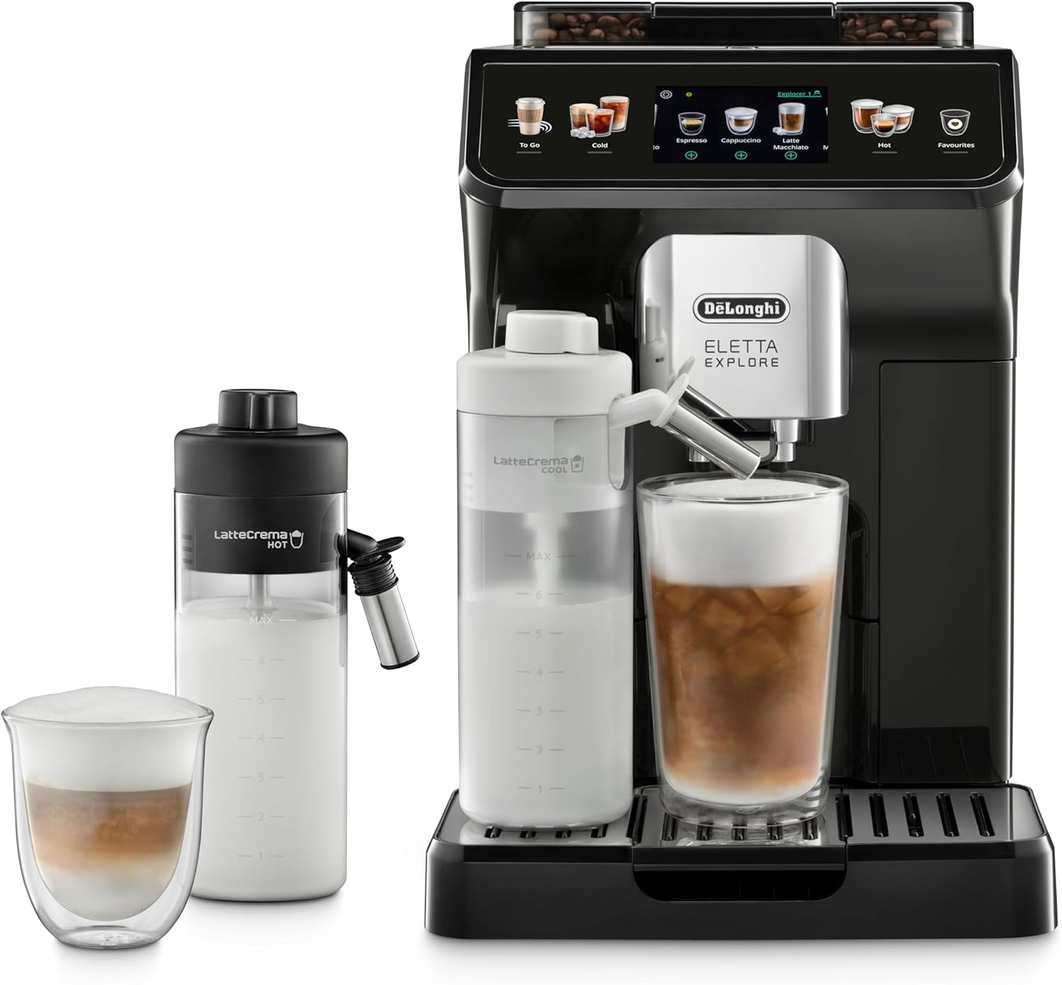 De'Longhi Eletta Explore Perfetto Automatic Coffee Machine with Cold and Hot Automatic Milk Frothing, Lattecrema System, Hot and Iced Coffee Recipes, 3.5'' TFT Display Menu, ECAM450.55.G, Black
