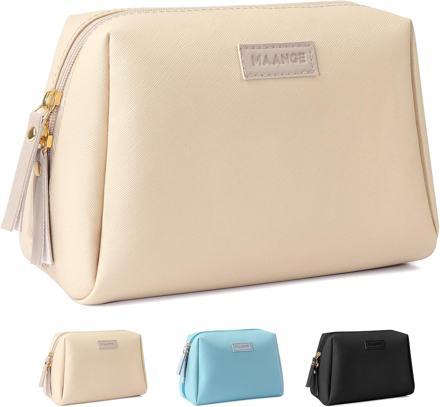 MAANGE Small Makeup Bag for Woman Cosmetic Bag with Zipper Travel Makeup Bag of Soft PU Leathercute Make up Pouch, Blue, Large