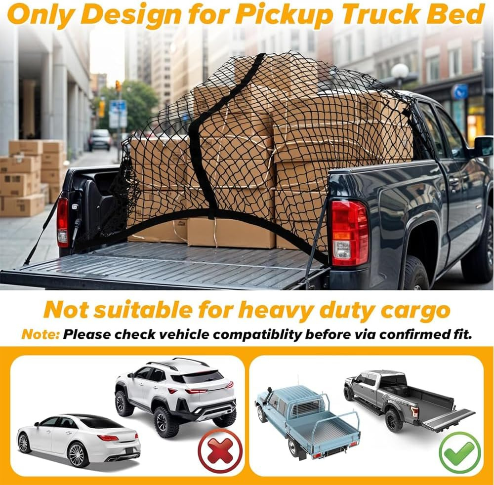 Cargo Net for SUV Pickup Truck Bed 4'X4&rsquo; Stretches to 7&lsquo;X 7&rsquo; with 6Pcs Metal Carabiner Single Layer Durable Highly Stretchable Elastic Mesh, Auto Storage Accessories,Universal for Vehicles