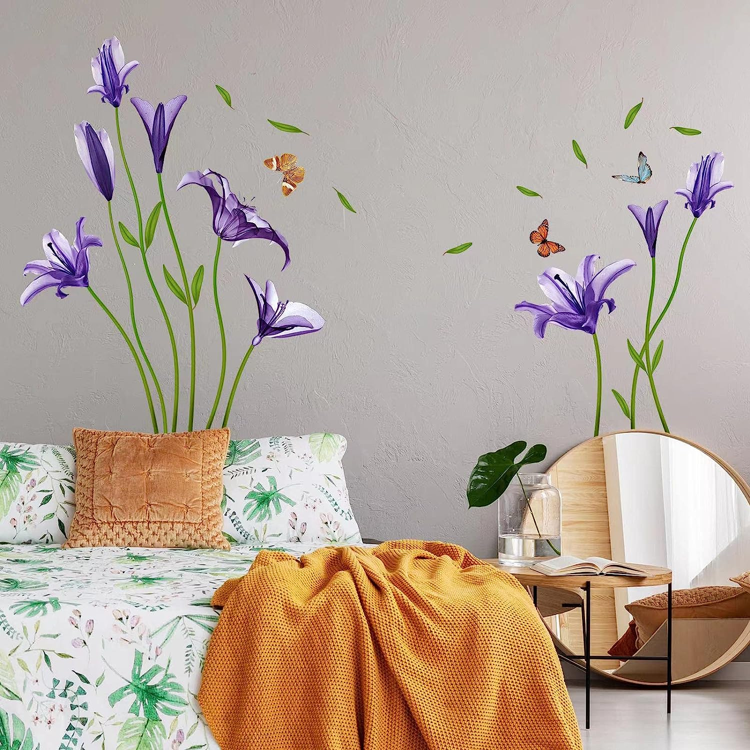 Amimagen Lily Flowers Wall Decals - Wildflower Grass Butterflies Floral Wall Stickers - Girls Bedroom Living Room Sofa TV Background Home Wall Decor image number 4