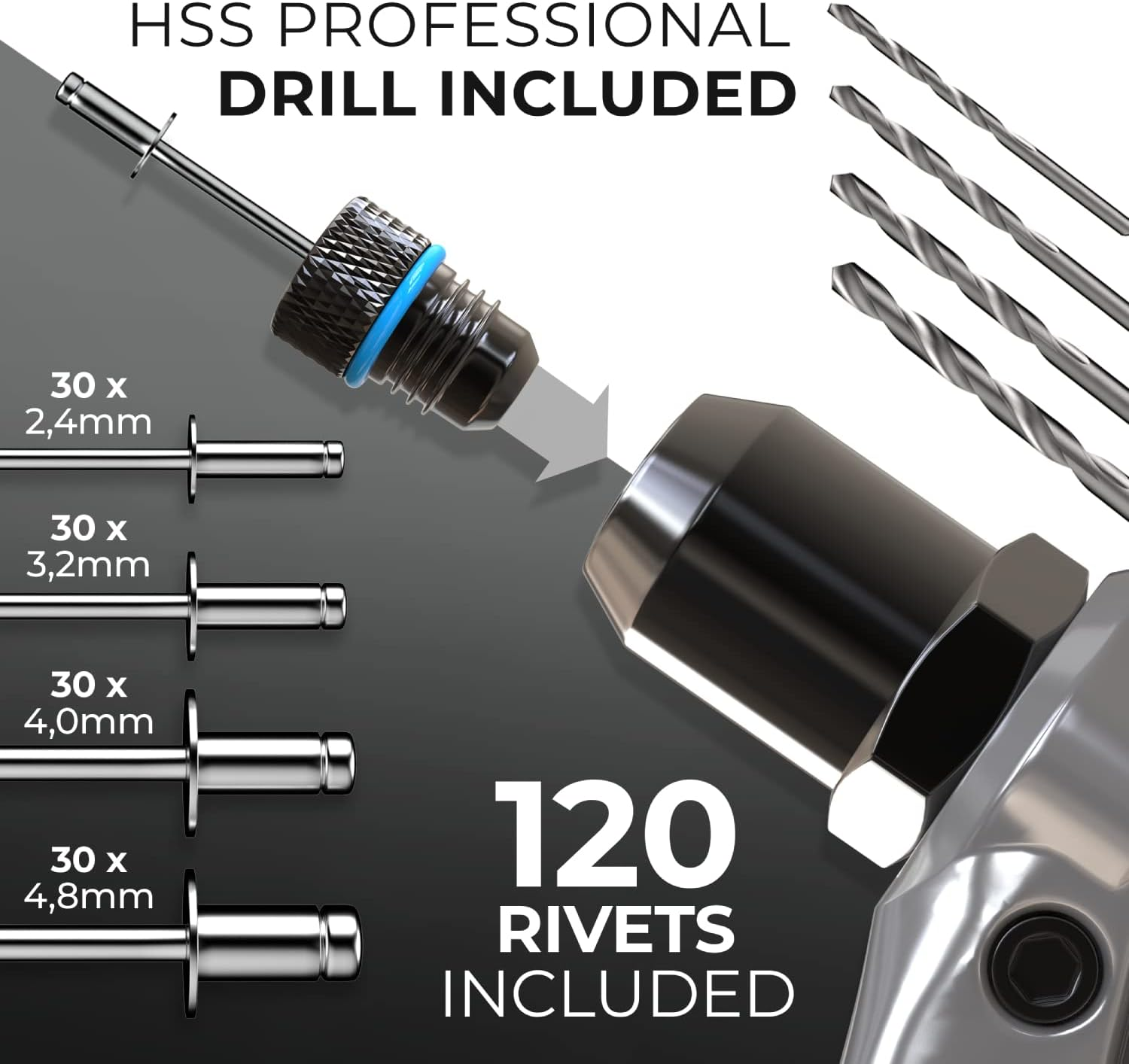 Klrstec Professional Rivet Gun Kit Incl. 120 Pop Rivets and 4 HSS Drills - Pop Rivet Tool Kit for Processing Blind Rivets image number 5