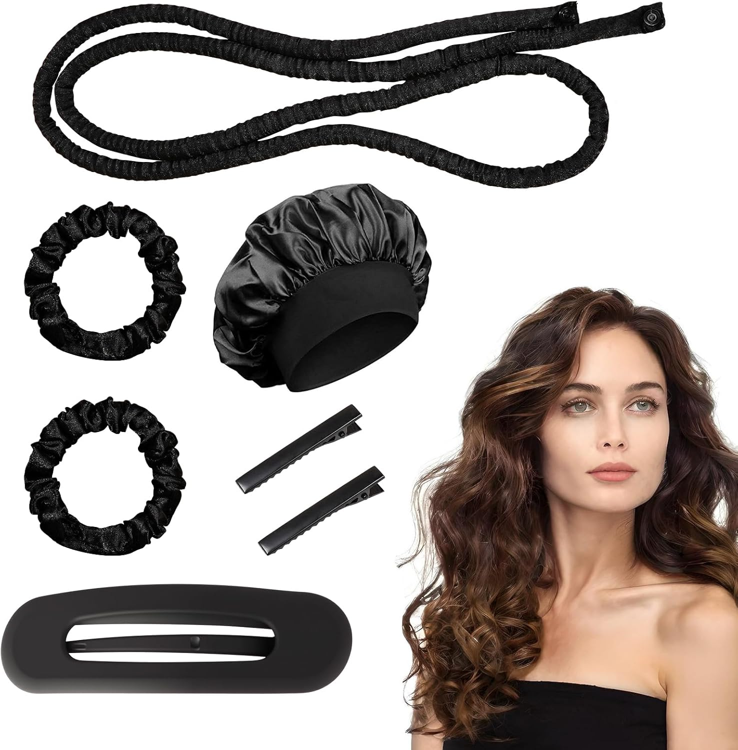 Heatless Curls Band, Heat-Free Curlers Black, Heatless Curling Rods Headband, with Silk Hood and Hairpin, Curls Headband for Long Hair, Short Hair, Black image number 6