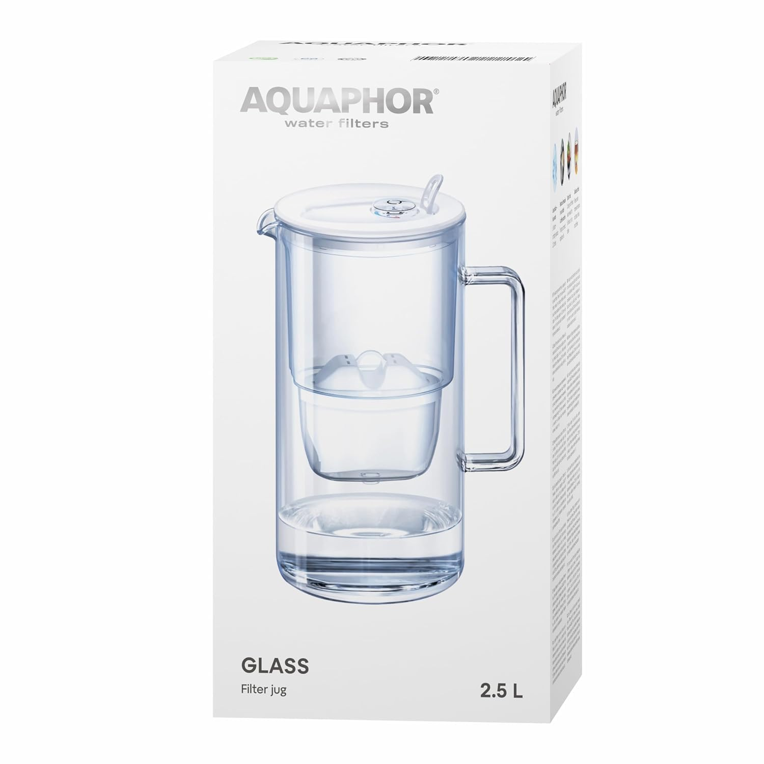 AQUAPHOR Glass White Water Filter Jug - Take to Table Premium Glass Design Jug with Easy-Fill Flip-Open Lid, 2.5L Capacity, 1 X MAXFOR+ Filter Included, Reduces Limescale, Chlorine & Microplastics. image number 4