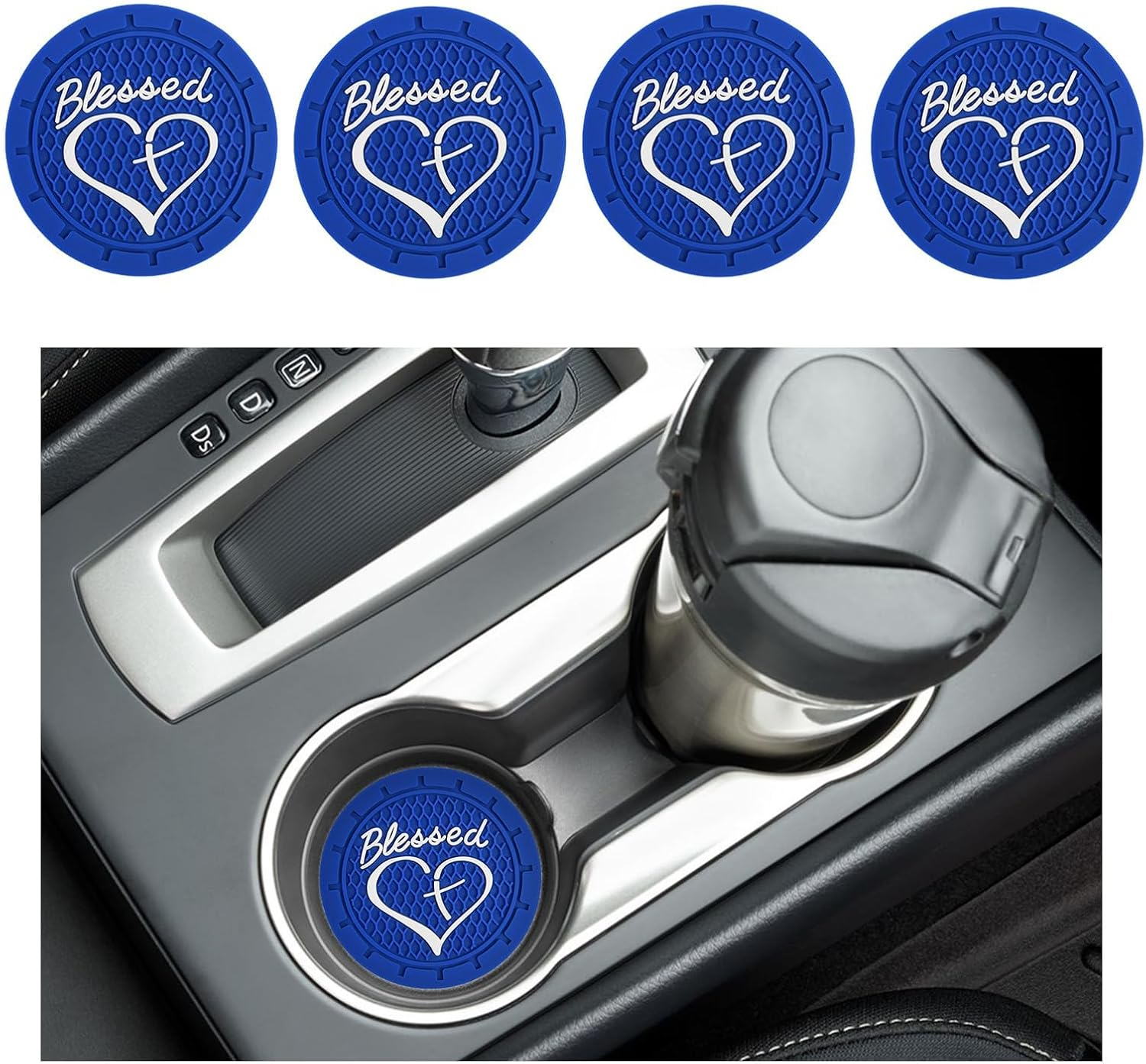4PCS Car Cup Holder Coaster, Non-Slip PVC Insert Cup Coaster, 2.76 Inch Blessed Cross and Heart Christian Auto Drink Cup Mat, Universal Interior Accessories for Women Girls (Gray)
