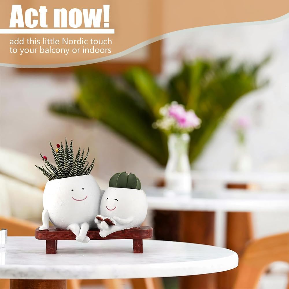 Smiley Face Planter Pot,Small Succulent Flower Pot,Resin Flower Head Planter,Flower Decoration Container,Flower Pot with Drain,For Office,Home,Bedroom image number 5