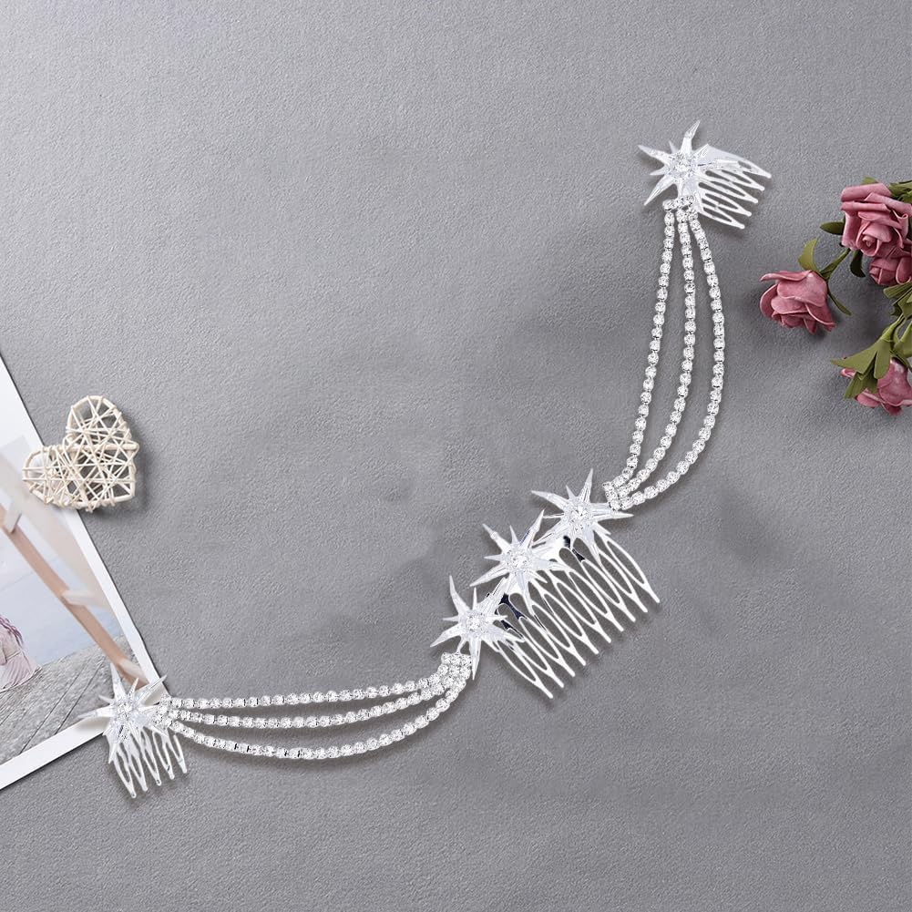 CABODYALS Silver Hair Comb with Multilayer Rhinestone and Star Fashionable Crystal Tassel Fringe Chain Tendrils Headpiece Heavenly Glitter Hair Clip Headband Jewellery for Women Wedding Party Outfi image number 6
