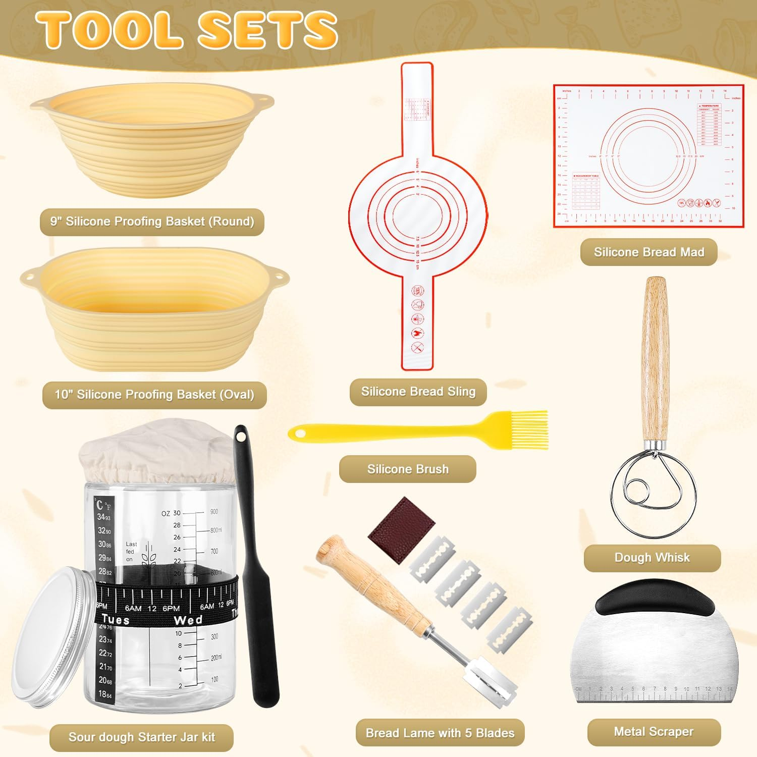 Sourdough Starter Kit Bread Baking Supplies, Bread Proofing Basket Set of 2 round and Oval - 30Oz Jar (1000Ml Glass) & Two Silicone Baskets, Sour Dough Kit Tools, Premium Baking Tools
