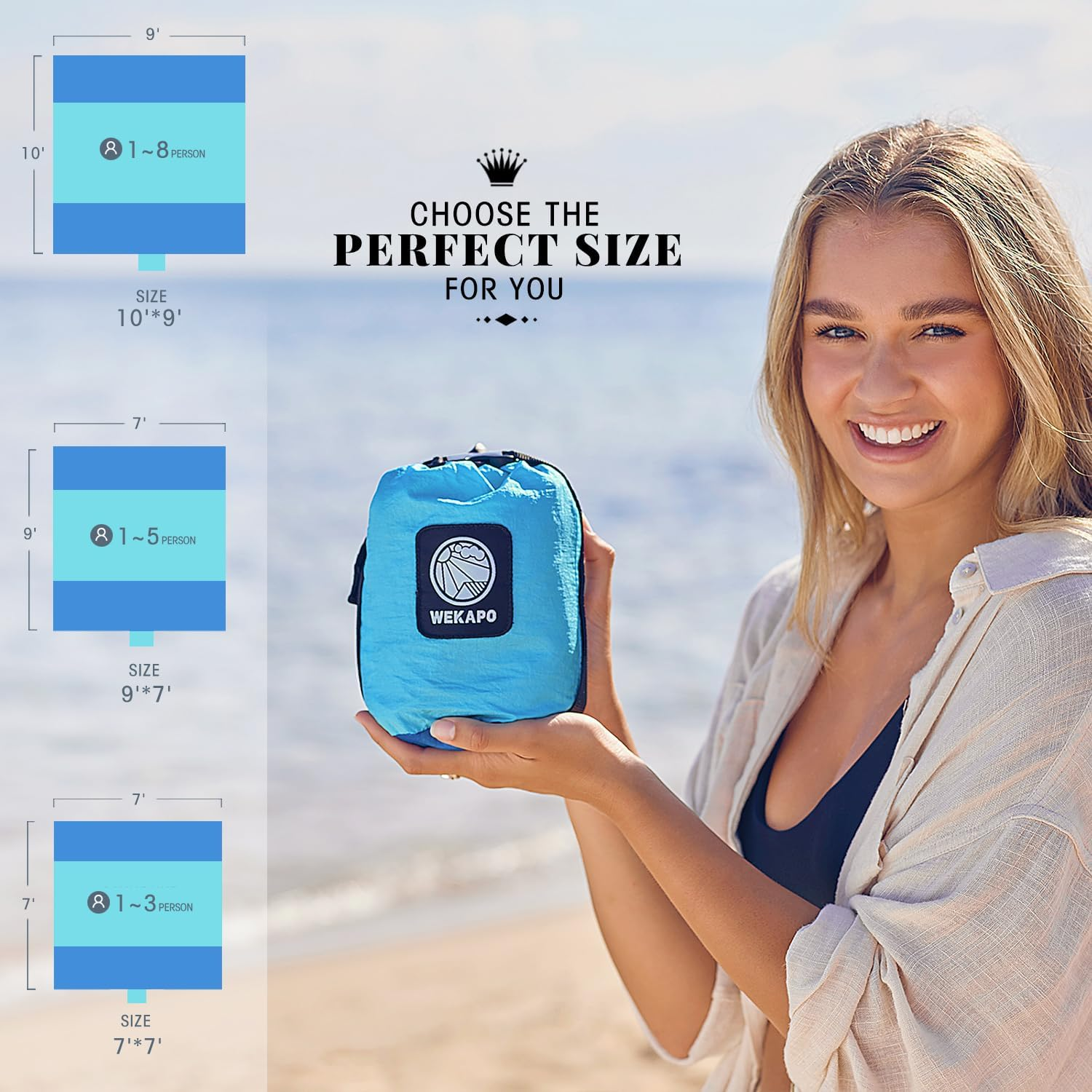 Wekapo Beach Blanket Sandproof, Beach Mat, Big & Compact Sand Free Mat Quick Drying, Lightweight & Durable with 6 Stakes & 4 Corner Pockets, Standard (1~3 Person) image number 3