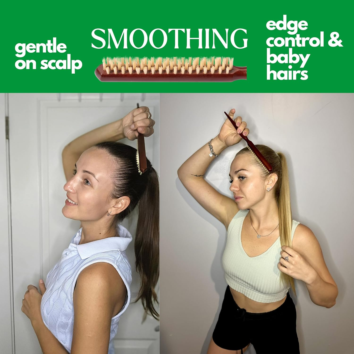 Grannaturals Soft Boar Bristle Teasing Brush for Slick Back Hair, Backcombing, Edge Control, Smoothing Baby Hairs to Create Volume and Sleek Hairstyle - White Bristles - Wooden Rat Tail Comb Handle