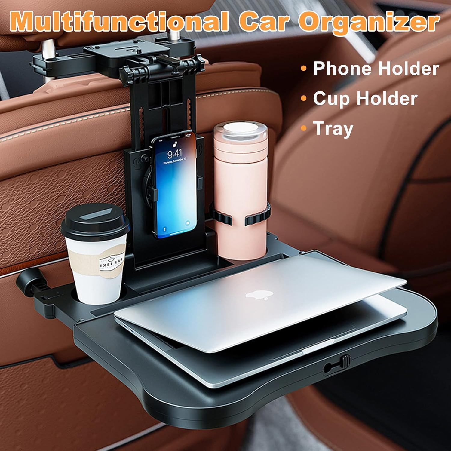 Car Seat Back Organisers Tray Holder - Foldable Car Headrest Table for Kids Passenger Backseat Travel Trays Dinning Working Laptop Desk with Phone & Cup Holder, Car Back Seat Tray for Father Mom Gifts image number 5