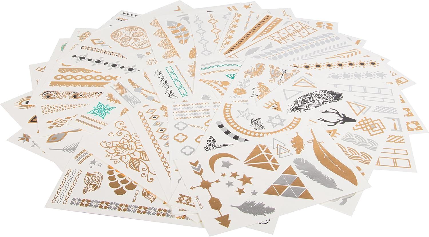 Metallic Temporary Tattoos- Six Sheets of Gold and Silver Long Lasting Flash Fashion Designs Series 5 Series 5
