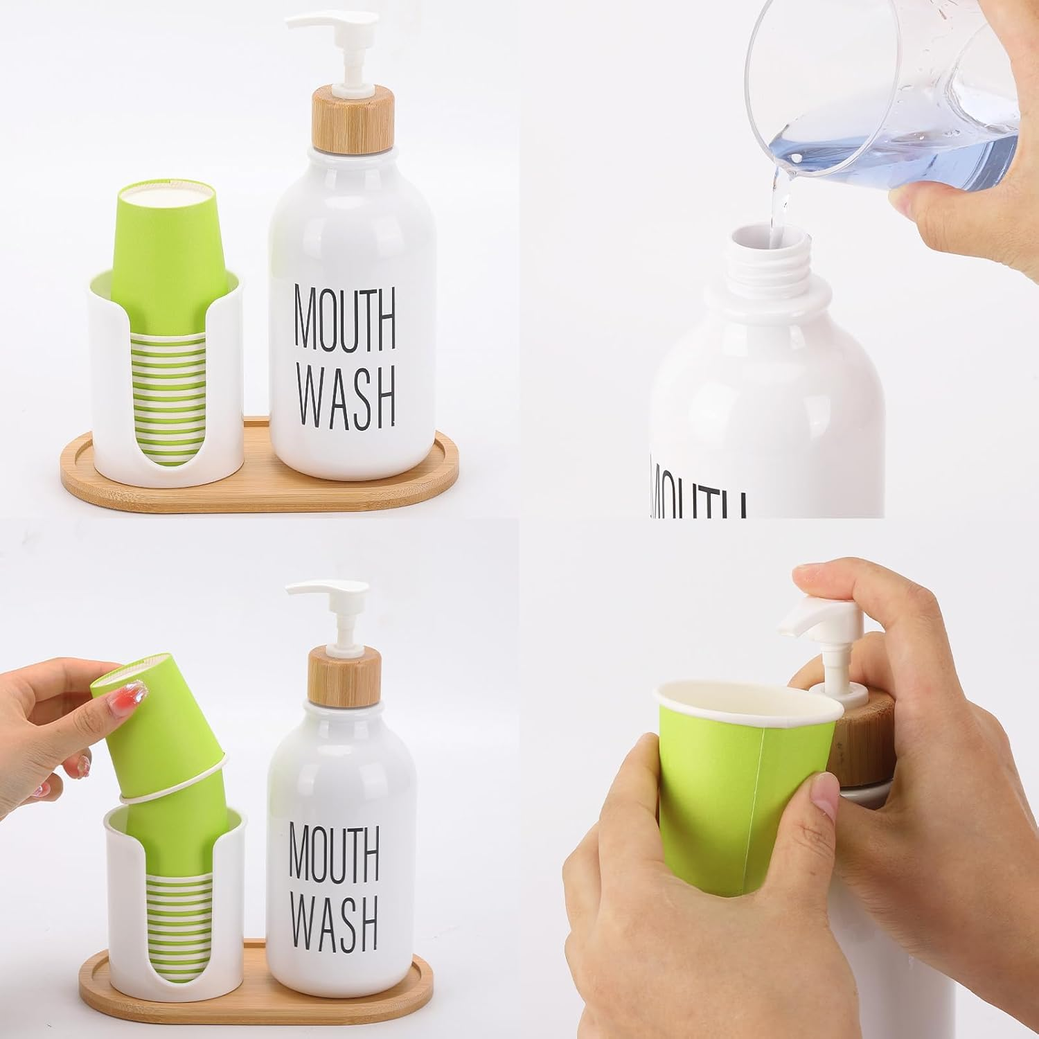 Mouthwash Dispenser with Cup Holder, Plastic White Mouth Wash Pump Bottle with Tray for Bathroom Organizers, 17Oz Refillable Clear Mouthwash Container image number 6