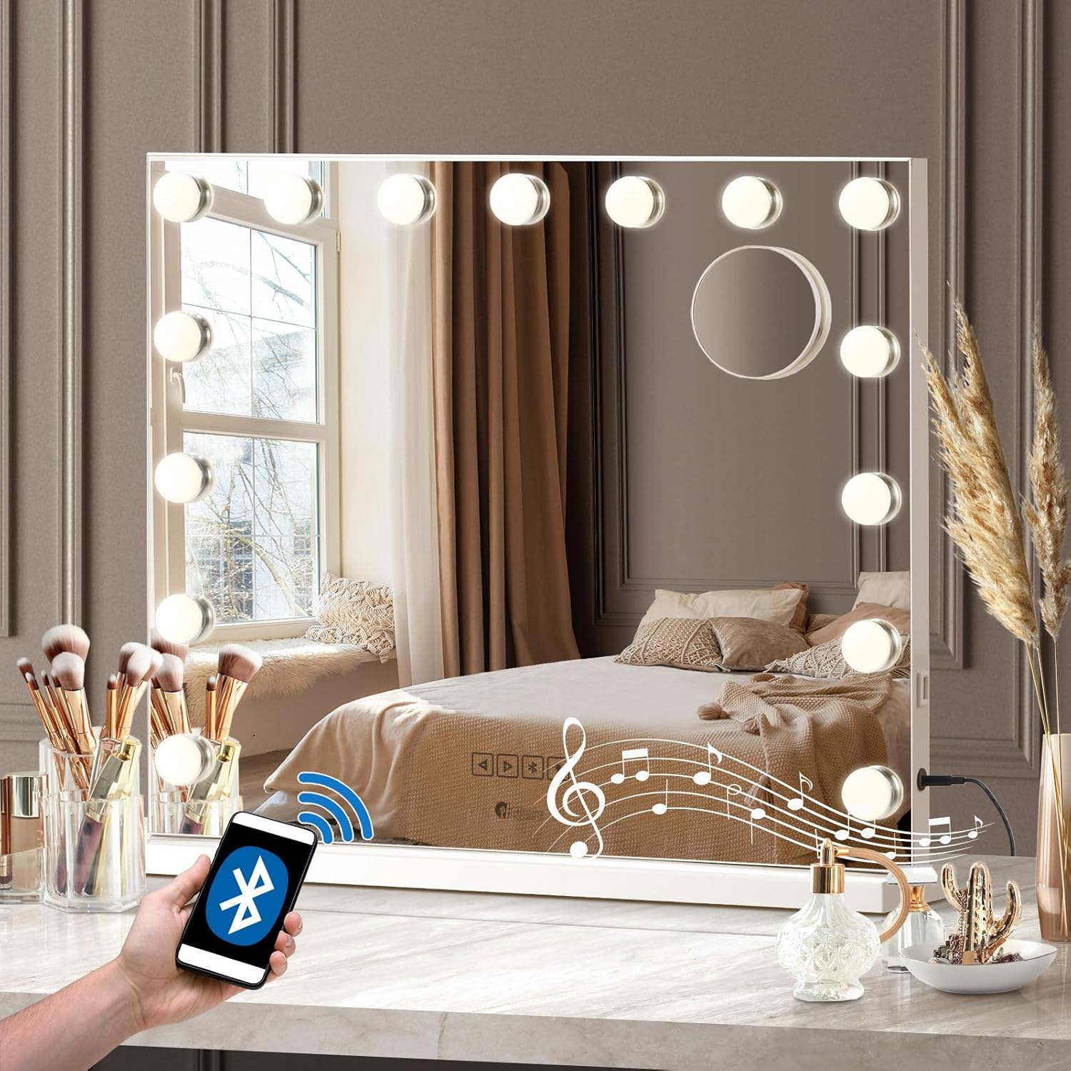 Oikiture Makeup Mirror with Light Hollywood Smart Makeup Mirror with 15 LED Bulbs 60 X 52Cm Bluetooth Speaker USB Power Charging Vanity Mirror with 10X Magnifying Mirror image number 6